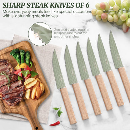 Knife Block Set, 12 Pieces Kitchen Knife Set with In-drawer Knife Block, Stainless Steel Knife Set with 6PCS Steak Knives, Ultra Sharp Non-stick Coating Chef Knife Set,Drawer Knife Organizer (Khaki)