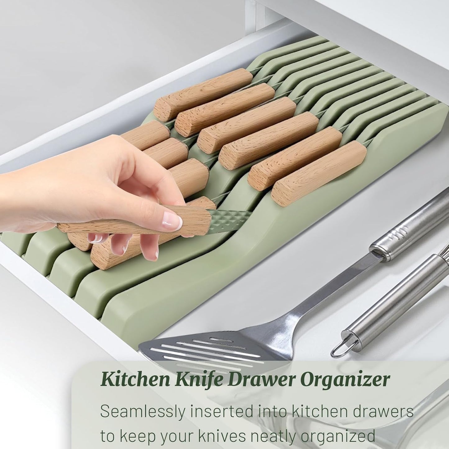 Knife Block Set, 12 Pieces Kitchen Knife Set with In-drawer Knife Block, Stainless Steel Knife Set with 6PCS Steak Knives, Ultra Sharp Non-stick Coating Chef Knife Set,Drawer Knife Organizer (Khaki)