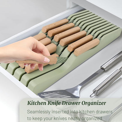 Knife Block Set, 12 Pieces Kitchen Knife Set with In-drawer Knife Block, Stainless Steel Knife Set with 6PCS Steak Knives, Ultra Sharp Non-stick Coating Chef Knife Set,Drawer Knife Organizer (Khaki)