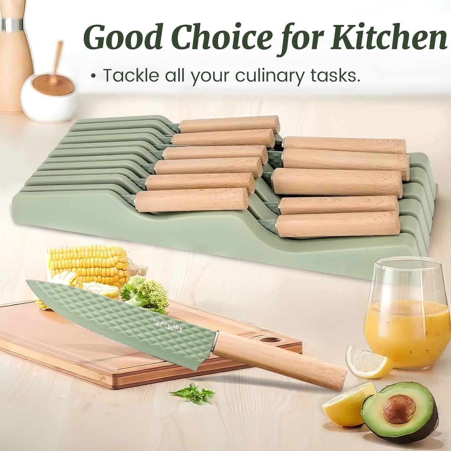 Knife Block Set, 12 Pieces Kitchen Knife Set with In-drawer Knife Block, Stainless Steel Knife Set with 6PCS Steak Knives, Ultra Sharp Non-stick Coating Chef Knife Set,Drawer Knife Organizer (Khaki)