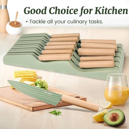 Knife Block Set, 12 Pieces Kitchen Knife Set with In-drawer Knife Block, Stainless Steel Knife Set with 6PCS Steak Knives, Ultra Sharp Non-stick Coating Chef Knife Set,Drawer Knife Organizer (Khaki)