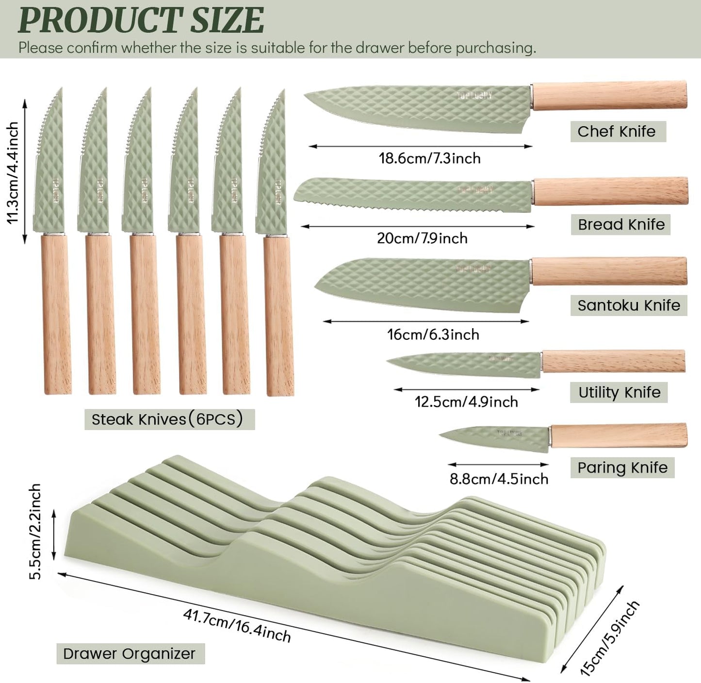 Knife Block Set, 12 Pieces Kitchen Knife Set with In-drawer Knife Block, Stainless Steel Knife Set with 6PCS Steak Knives, Ultra Sharp Non-stick Coating Chef Knife Set,Drawer Knife Organizer (Khaki)