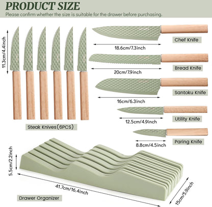 Knife Block Set, 12 Pieces Kitchen Knife Set with In-drawer Knife Block, Stainless Steel Knife Set with 6PCS Steak Knives, Ultra Sharp Non-stick Coating Chef Knife Set,Drawer Knife Organizer (Khaki)