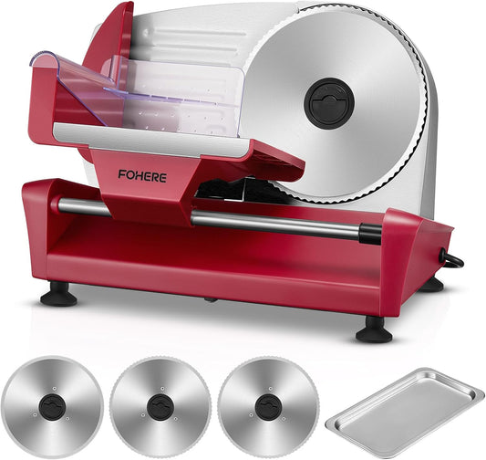FOHERE 250W Meat Slicer Machine for , Electric Food Slicer with Stainless Steel Tray & Three 7.5" Stainless Steel Blade, 0-15mm Precise Thickness Deli Meat Slicer for Bread Fruit Vegetable (Red)