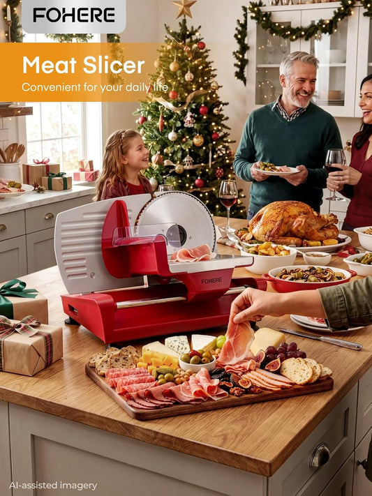 FOHERE 250W Meat Slicer Machine for , Electric Food Slicer with Stainless Steel Tray & Three 7.5" Stainless Steel Blade, 0-15mm Precise Thickness Deli Meat Slicer for Bread Fruit Vegetable (Red)