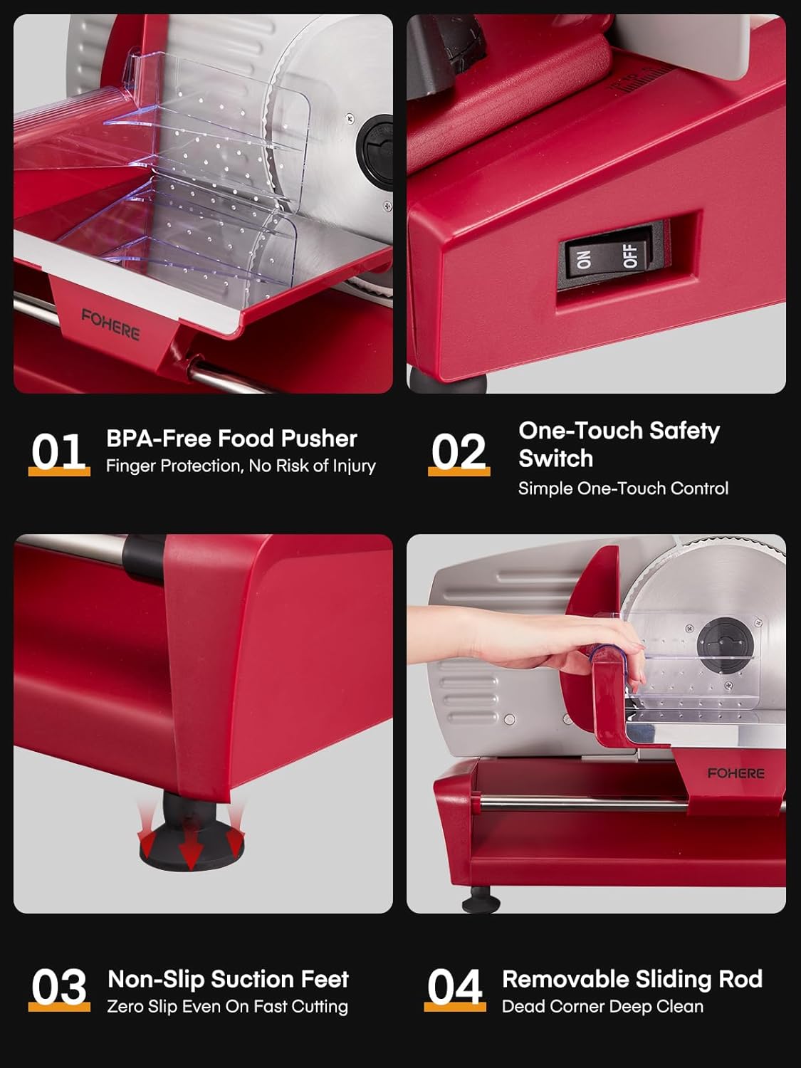 FOHERE 250W Meat Slicer Machine for , Electric Food Slicer with Stainless Steel Tray & Three 7.5" Stainless Steel Blade, 0-15mm Precise Thickness Deli Meat Slicer for Bread Fruit Vegetable (Red)