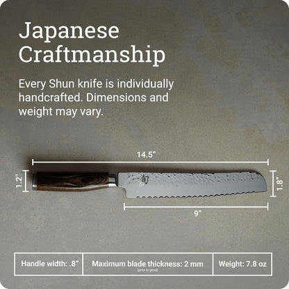 Premier 9" Bread Knife, Handcrafted Japanese Serrated Knife, VG-MAX Core with Damascus Stainless Steel Cladding, Pakkawood Handle, Slicing Tool for Professional and Home Chefs