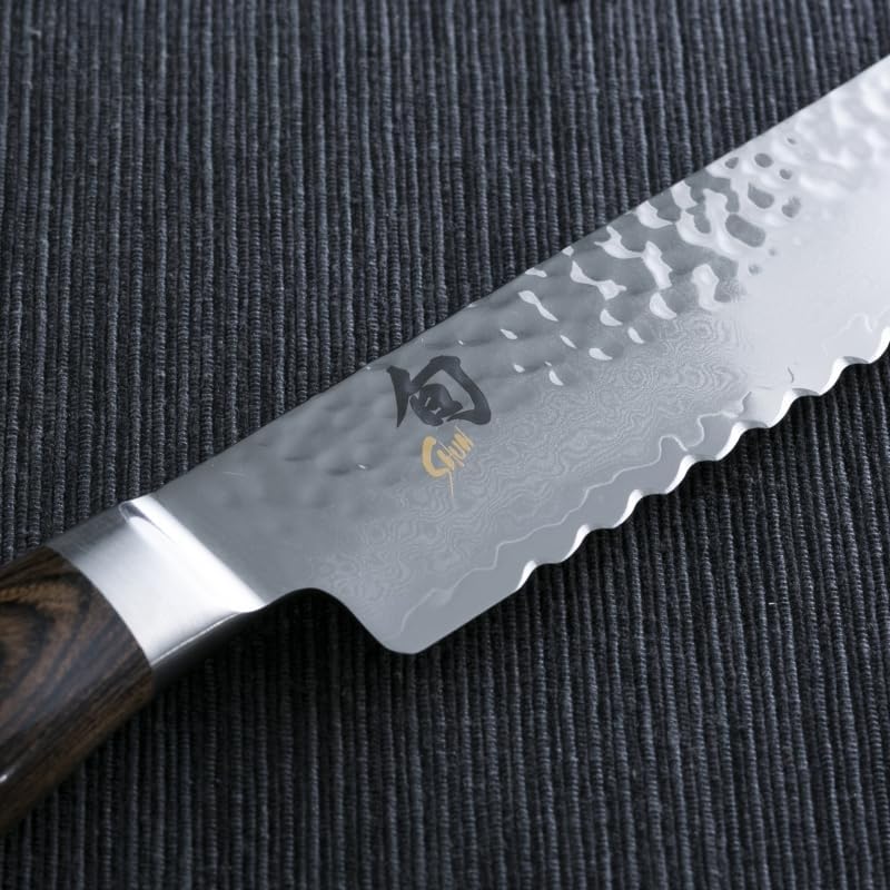 Premier 9" Bread Knife, Handcrafted Japanese Serrated Knife, VG-MAX Core with Damascus Stainless Steel Cladding, Pakkawood Handle, Slicing Tool for Professional and Home Chefs