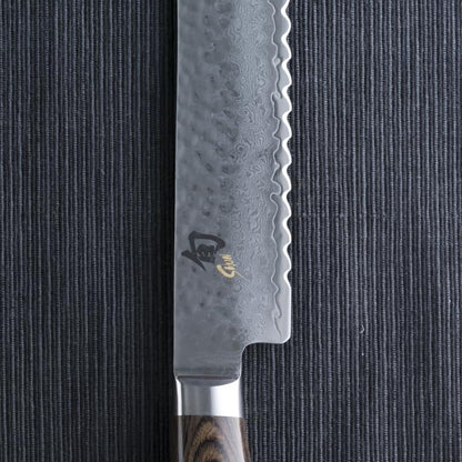 Premier 9" Bread Knife, Handcrafted Japanese Serrated Knife, VG-MAX Core with Damascus Stainless Steel Cladding, Pakkawood Handle, Slicing Tool for Professional and Home Chefs