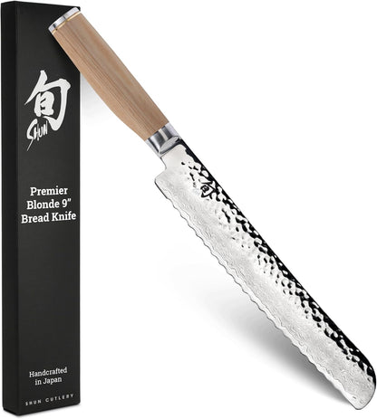 Premier 9" Bread Knife, Handcrafted Japanese Serrated Knife, VG-MAX Core with Damascus Stainless Steel Cladding, Pakkawood Handle, Slicing Tool for Professional and Home Chefs