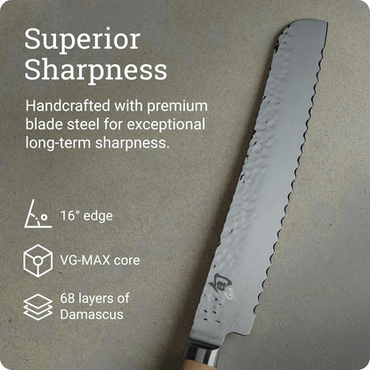 Premier 9" Bread Knife, Handcrafted Japanese Serrated Knife, VG-MAX Core with Damascus Stainless Steel Cladding, Pakkawood Handle, Slicing Tool for Professional and Home Chefs