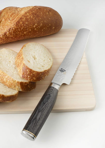 Premier 9" Bread Knife, Handcrafted Japanese Serrated Knife, VG-MAX Core with Damascus Stainless Steel Cladding, Pakkawood Handle, Slicing Tool for Professional and Home Chefs