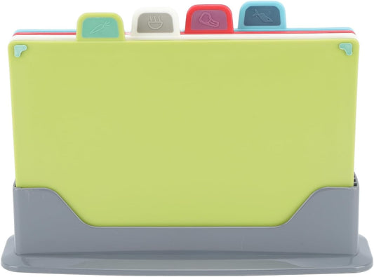 4 Pcs Plastic Cutting Board Set with Storage Stand, Easy to Clean Chopping Boards for Kitchen, 4 Color Non Slip Cutting Board for Various Food Types