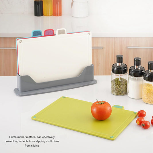 4 Pcs Plastic Cutting Board Set with Storage Stand, Easy to Clean Chopping Boards for Kitchen, 4 Color Non Slip Cutting Board for Various Food Types