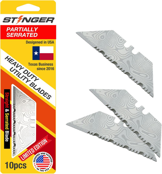 Special Edition Damascus Pattern Partially Serrated Utility Blades, SK5 Steel Box Cutter Blades, Standard Size Fits Most Utility Knives, 10-Pack with Plastic Case