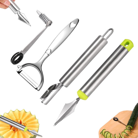 4pcs Kitchen Spiral Vegetable Cutter Set with V-Shaped Carving Cutting Tool, Peeler peeling and Flower-Shaped Fruit Carver Spiralizer Slicer Knife for Potatoes Cucumbers Melons Tomato Veggie