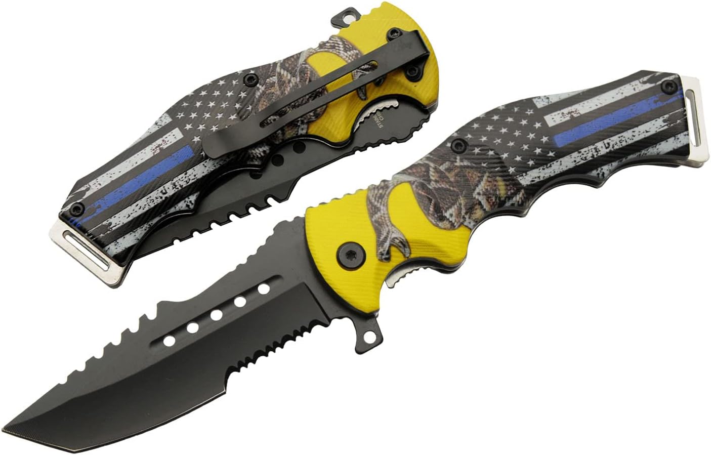 SZCO Supplies 8.5" Assisted Opening Folding Knife - Thin Blue Line EDC Utility Knife with Pocket Clip, Tactical Tanto Blade, Serrated Edge, Law Enforcement Tribute