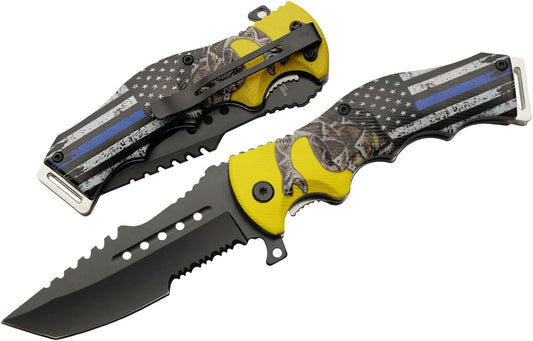 SZCO Supplies 8.5" Assisted Opening Folding Knife - Thin Blue Line EDC Utility Knife with Pocket Clip, Tactical Tanto Blade, Serrated Edge, Law Enforcement Tribute