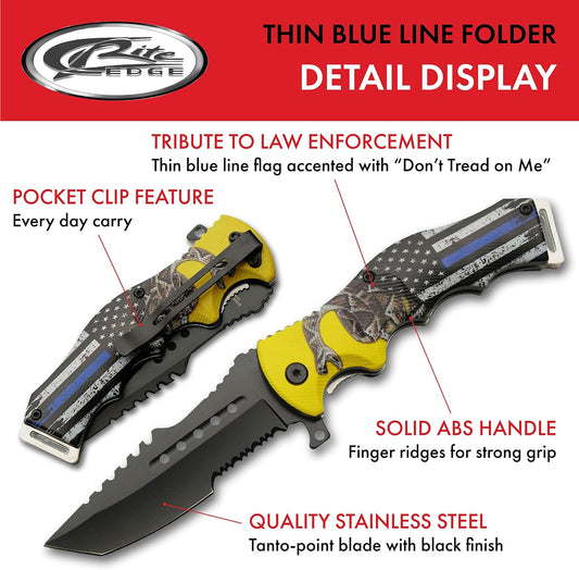 SZCO Supplies 8.5" Assisted Opening Folding Knife - Thin Blue Line EDC Utility Knife with Pocket Clip, Tactical Tanto Blade, Serrated Edge, Law Enforcement Tribute