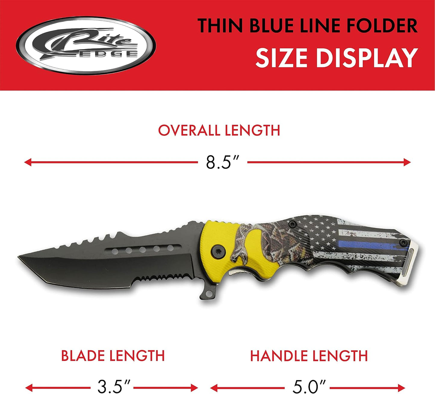 SZCO Supplies 8.5" Assisted Opening Folding Knife - Thin Blue Line EDC Utility Knife with Pocket Clip, Tactical Tanto Blade, Serrated Edge, Law Enforcement Tribute