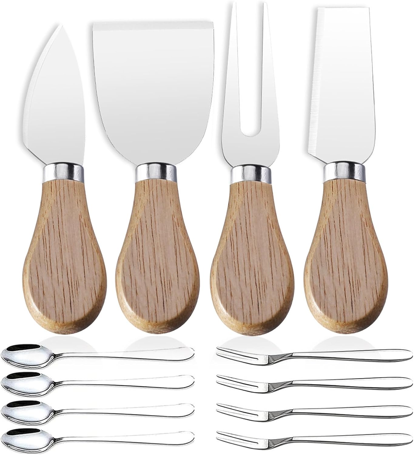 Mini Cheese Knife Set with wood Handle - Stainless Steel Charcuterie Knife Set with 4 Fruit Forks & 4 Small Spoons - Compact Cheese Cutter Set for Charcuterie Boards