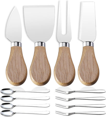 Mini Cheese Knife Set with wood Handle - Stainless Steel Charcuterie Knife Set with 4 Fruit Forks & 4 Small Spoons - Compact Cheese Cutter Set for Charcuterie Boards