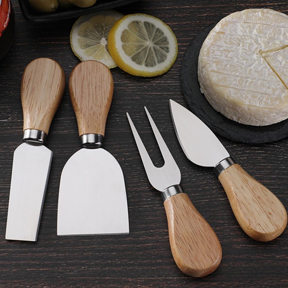 Mini Cheese Knife Set with wood Handle - Stainless Steel Charcuterie Knife Set with 4 Fruit Forks & 4 Small Spoons - Compact Cheese Cutter Set for Charcuterie Boards