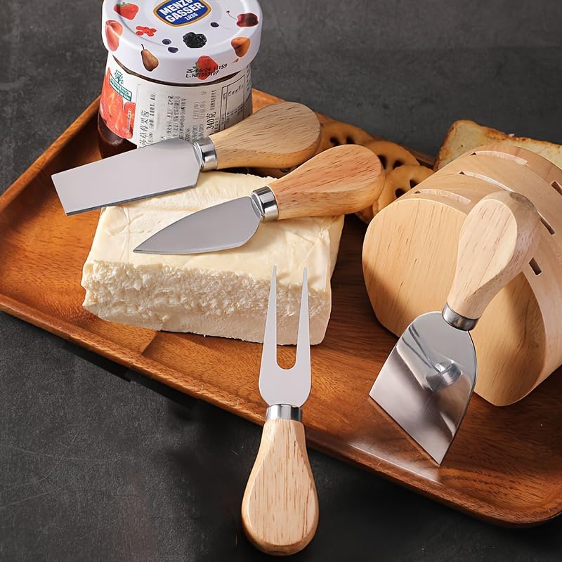 Mini Cheese Knife Set with wood Handle - Stainless Steel Charcuterie Knife Set with 4 Fruit Forks & 4 Small Spoons - Compact Cheese Cutter Set for Charcuterie Boards