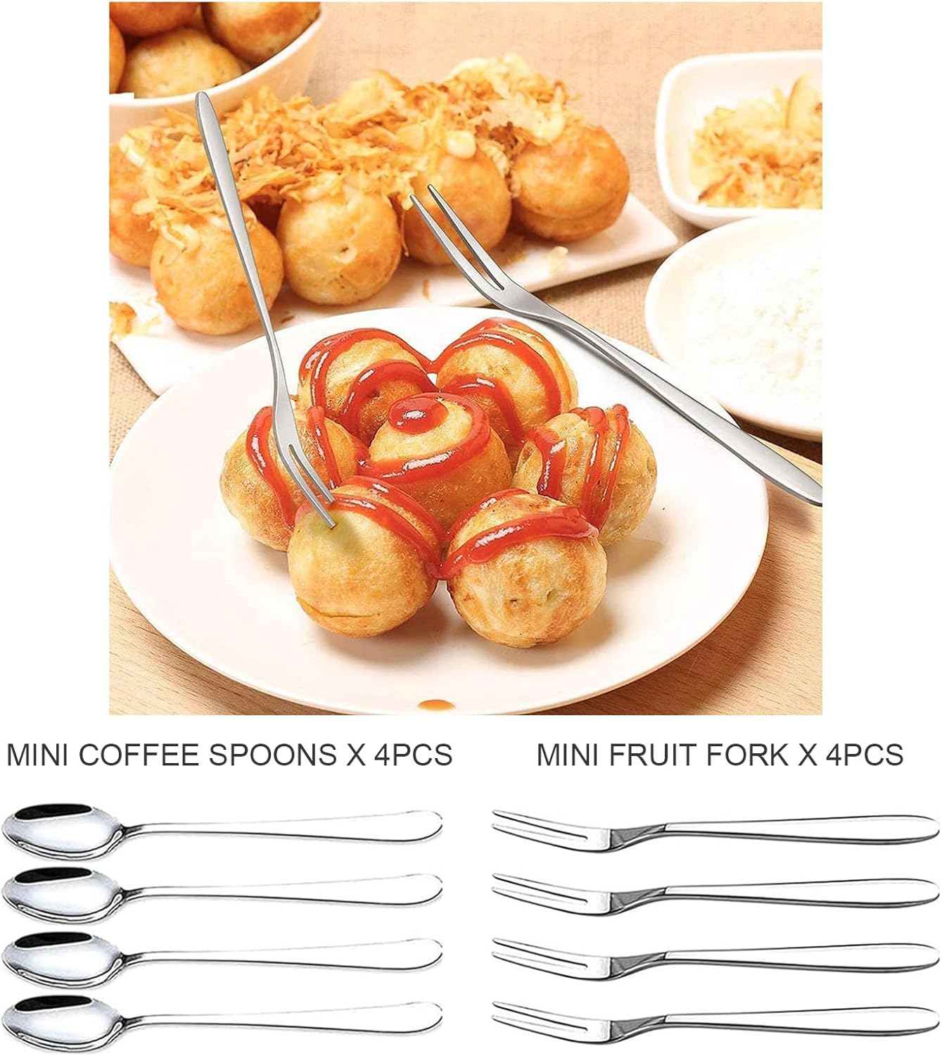Mini Cheese Knife Set with wood Handle - Stainless Steel Charcuterie Knife Set with 4 Fruit Forks & 4 Small Spoons - Compact Cheese Cutter Set for Charcuterie Boards