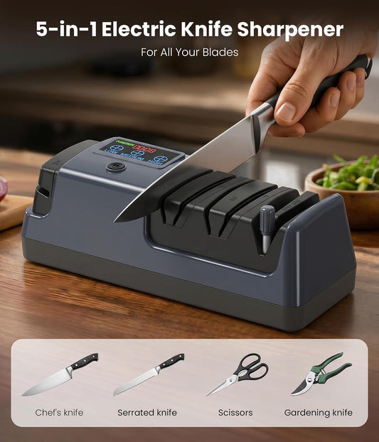 Electric Knife Sharpener for Kitchen - Professional 3-Stage Sharpening for Straight-Edge & Serrated Knives and Scissors, with 100% Diamond Abrasive (Grey)