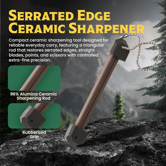 60016 Tri-SEPS Serrated Edge & Point Knife Sharpener – Portable Manual Triangular Ceramic Rod with Angle Guide, Sharpens Serrated & Straight Bladed Knives, Scissors, Hooks & Tips for Field Use