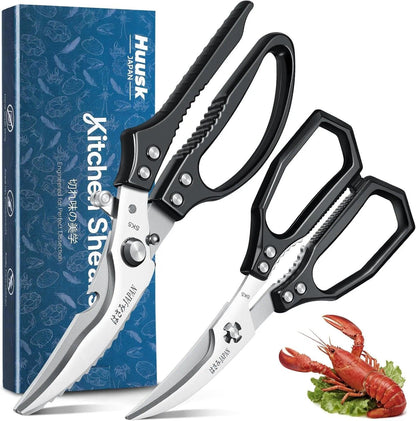HUUSK Black Kitchen Scissors Set -Heavy Duty Kitchen Shears | High Carbon Steel, Gift Box, for Poultry & Sharp Seafood, for Crab, Shrimp, Lobster, Nuts