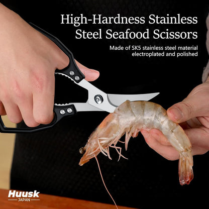 HUUSK Black Kitchen Scissors Set -Heavy Duty Kitchen Shears | High Carbon Steel, Gift Box, for Poultry & Sharp Seafood, for Crab, Shrimp, Lobster, Nuts