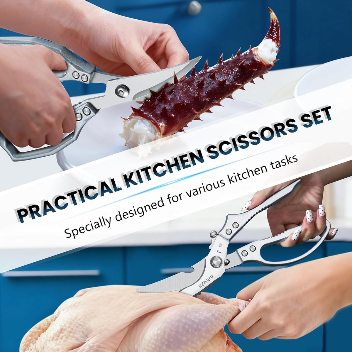 HUUSK Black Kitchen Scissors Set -Heavy Duty Kitchen Shears | High Carbon Steel, Gift Box, for Poultry & Sharp Seafood, for Crab, Shrimp, Lobster, Nuts