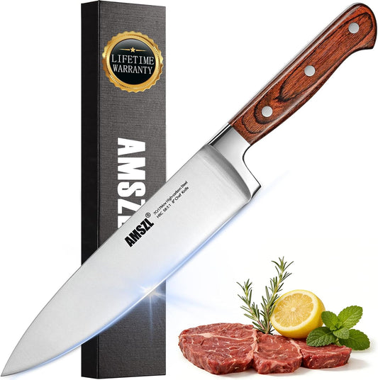 8 Inch Chef Knife German High Carbon Steel Sharp Full Tang Ergonomic | 7Cr17MoV High Carbon Steel HRC 58+ Full Tang Sharp Pakkawood Handle Rust Resistant Ergonomic
