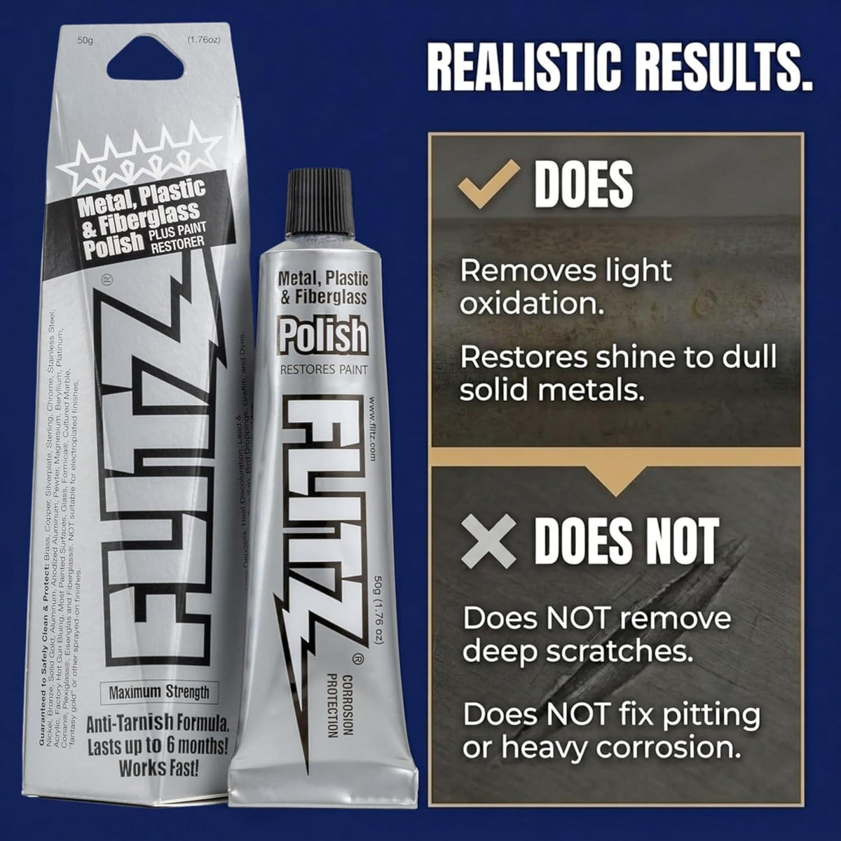 Metal Polish Paste - 1.76oz USA-Made Silver Polish for Solid Chrome, Stainless Steel, & Aluminum - Non-Abrasive for Light Oxidation - Requires Manual Buffing - Not for Plated/Coated Surfaces (1 Pack)