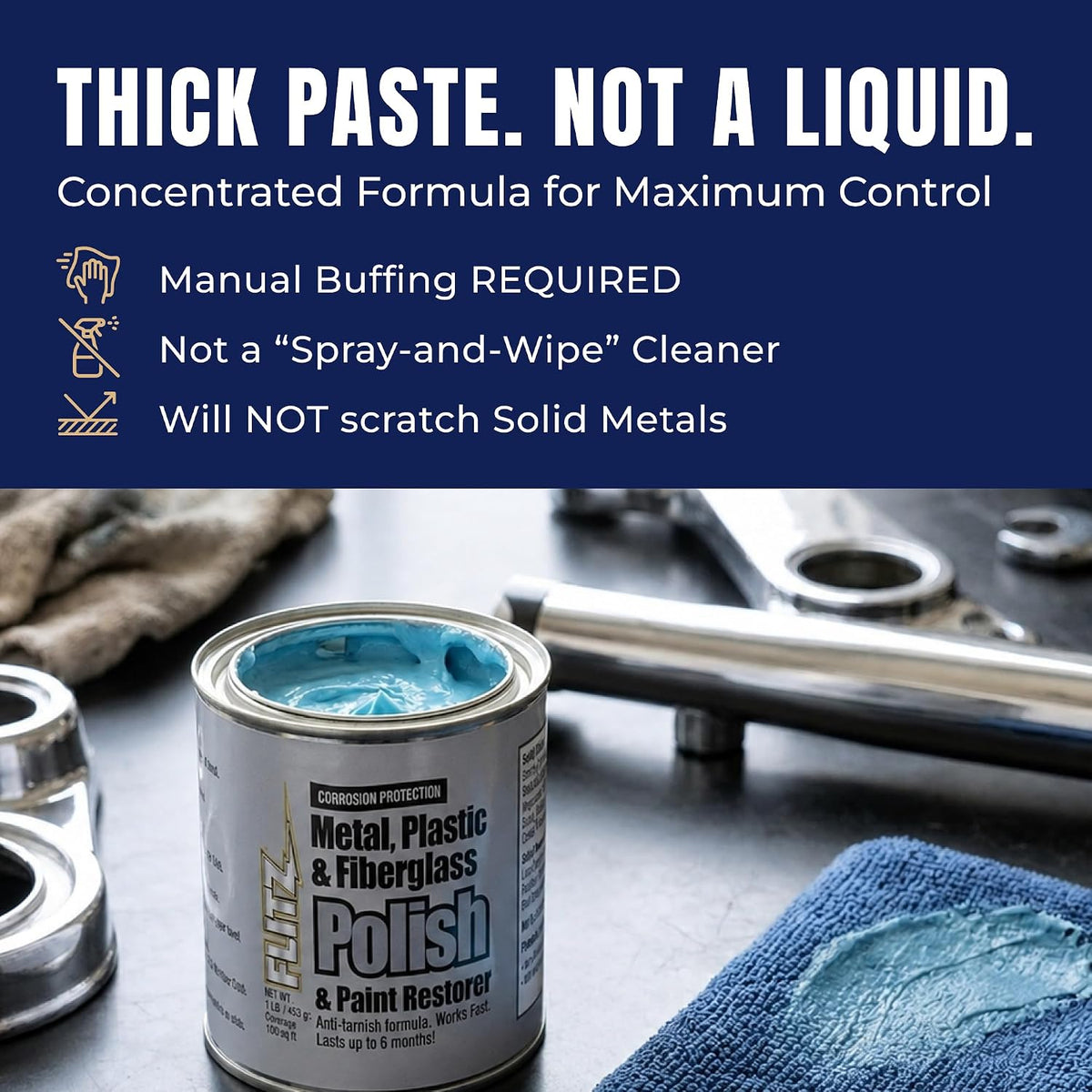 Metal Polish Paste - 1.76oz USA-Made Silver Polish for Solid Chrome, Stainless Steel, & Aluminum - Non-Abrasive for Light Oxidation - Requires Manual Buffing - Not for Plated/Coated Surfaces (1 Pack)