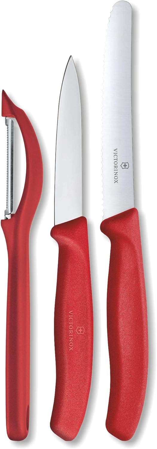 Swiss Classic Paring Knife Set with Peeler - Includes a Straight Edge Paring Knife, Serrated Paring Knife & Fruit & Vegetable Peeler - Red Handle, 3-Piece Set