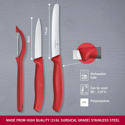 Swiss Classic Paring Knife Set with Peeler - Includes a Straight Edge Paring Knife, Serrated Paring Knife & Fruit & Vegetable Peeler - Red Handle, 3-Piece Set