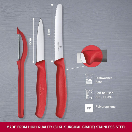 Swiss Classic Paring Knife Set with Peeler - Includes a Straight Edge Paring Knife, Serrated Paring Knife & Fruit & Vegetable Peeler - Red Handle, 3-Piece Set
