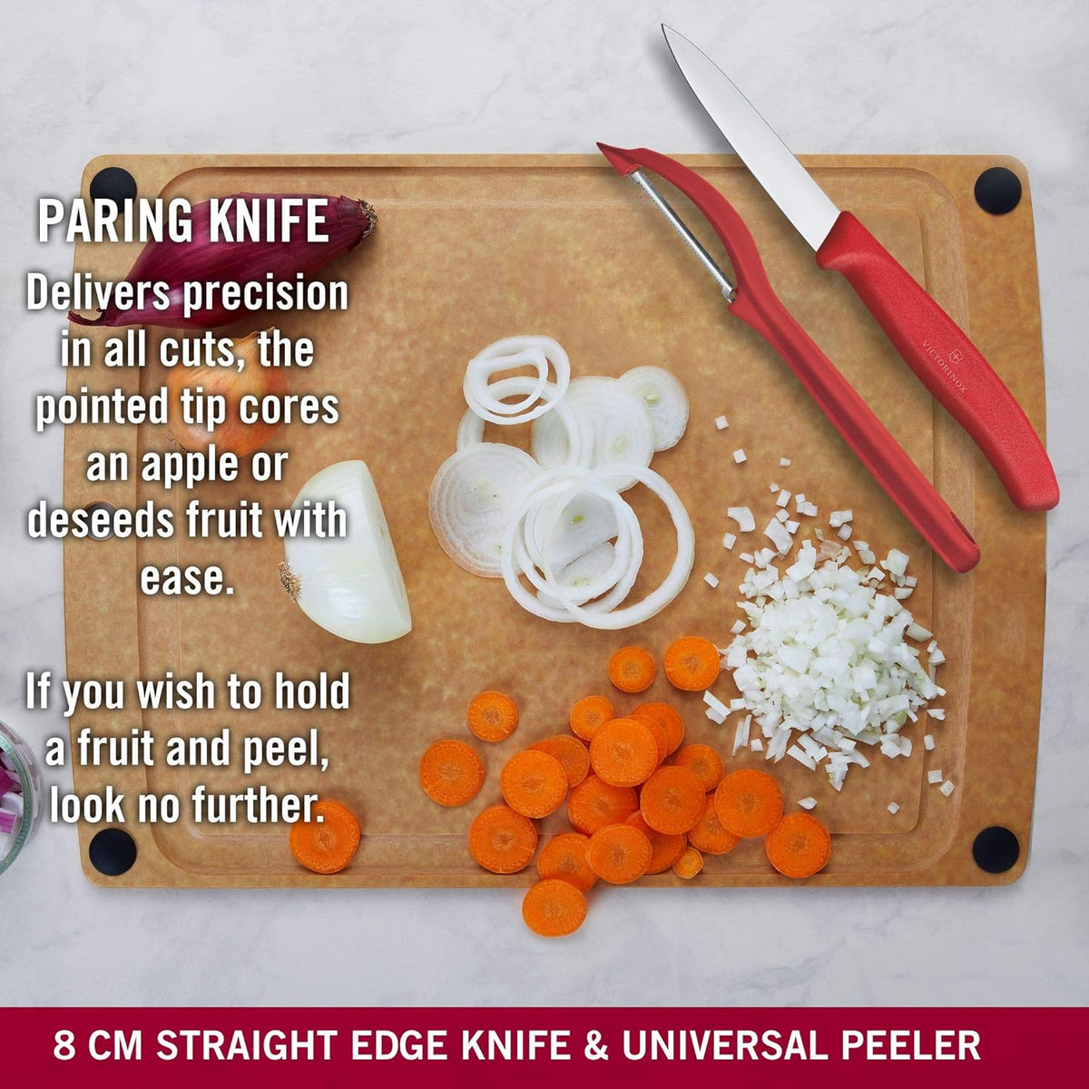 Swiss Classic Paring Knife Set with Peeler - Includes a Straight Edge Paring Knife, Serrated Paring Knife & Fruit & Vegetable Peeler - Red Handle, 3-Piece Set