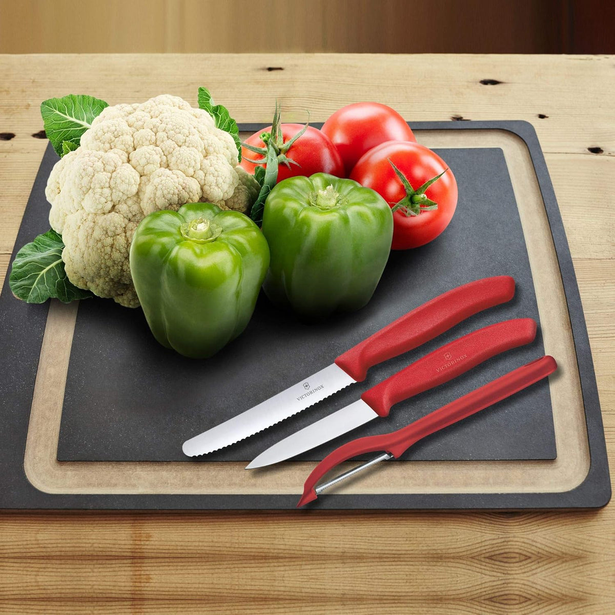 Swiss Classic Paring Knife Set with Peeler - Includes a Straight Edge Paring Knife, Serrated Paring Knife & Fruit & Vegetable Peeler - Red Handle, 3-Piece Set