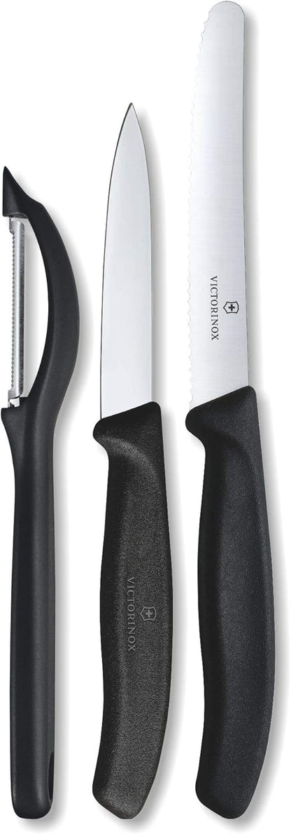 Swiss Classic Paring Knife Set with Peeler - Includes a Straight Edge Paring Knife, Serrated Paring Knife & Fruit & Vegetable Peeler - Red Handle, 3-Piece Set