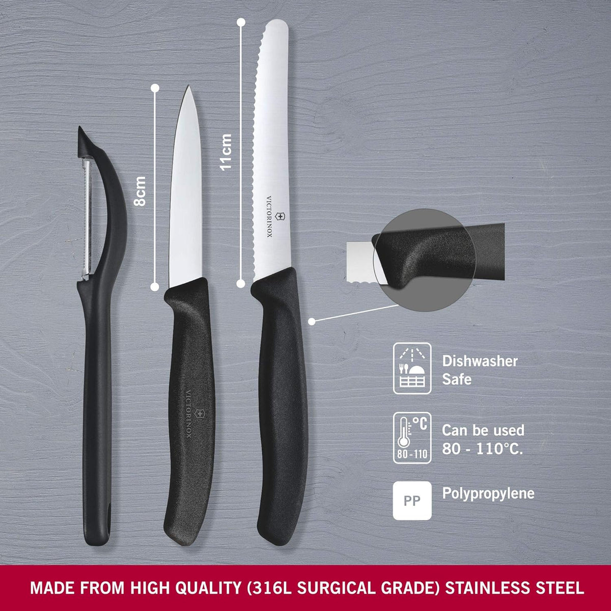 Swiss Classic Paring Knife Set with Peeler - Includes a Straight Edge Paring Knife, Serrated Paring Knife & Fruit & Vegetable Peeler - Red Handle, 3-Piece Set