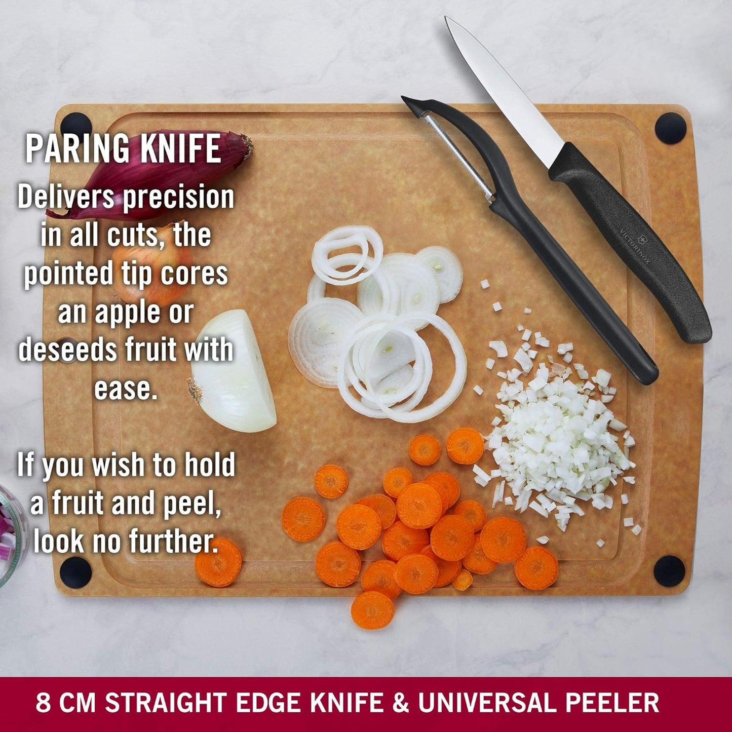 Swiss Classic Paring Knife Set with Peeler - Includes a Straight Edge Paring Knife, Serrated Paring Knife & Fruit & Vegetable Peeler - Red Handle, 3-Piece Set