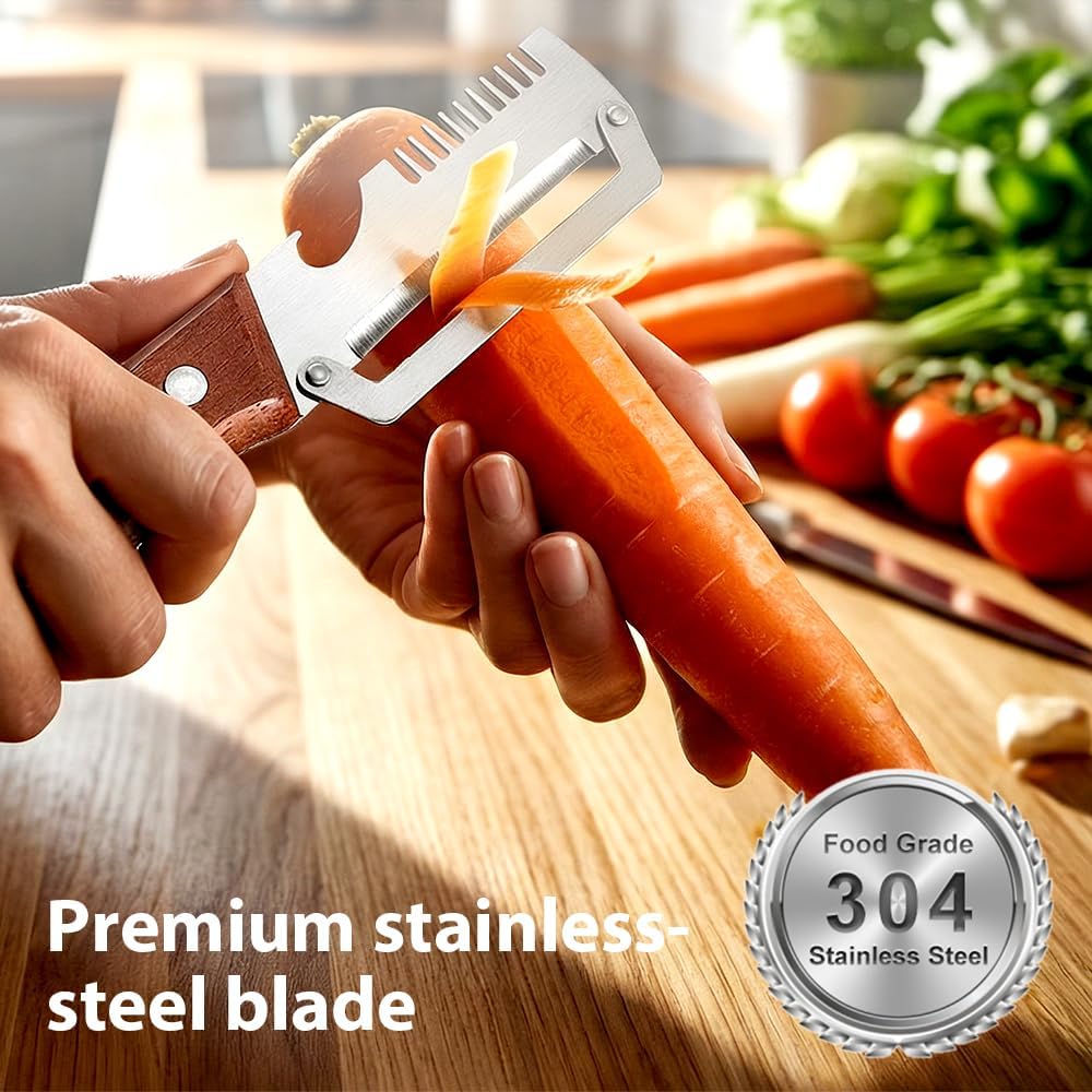 2026 New Multi-functional Vegetable Peeler, Ktchen Multi-function Stainless Steel Thickened Fruit Peeler Knife with Wooden Handle, 3-1,Suitable for Peeling Fruits and Shredding Scallions (B-1PCS)