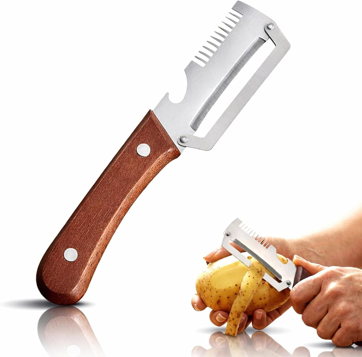 2026 New Multi-functional Vegetable Peeler, Ktchen Multi-function Stainless Steel Thickened Fruit Peeler Knife with Wooden Handle, 3-1,Suitable for Peeling Fruits and Shredding Scallions (B-1PCS)