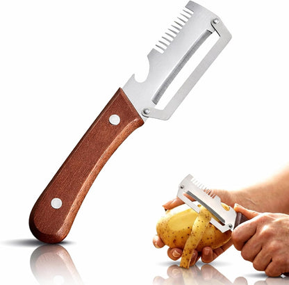 2026 New Multi-functional Vegetable Peeler, Ktchen Multi-function Stainless Steel Thickened Fruit Peeler Knife with Wooden Handle, 3-1,Suitable for Peeling Fruits and Shredding Scallions (B-1PCS)