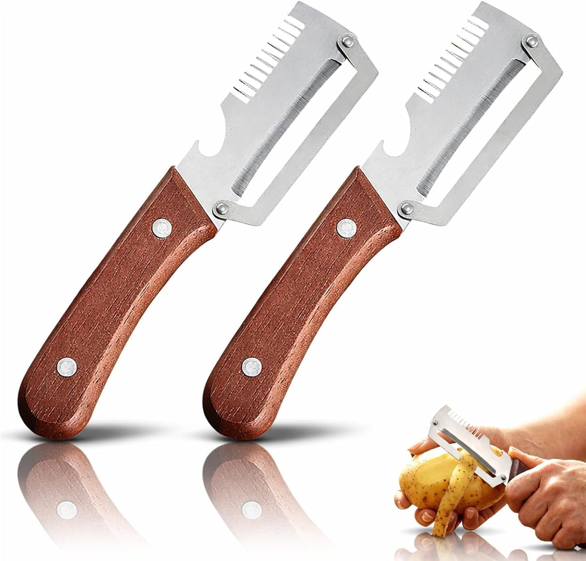 2026 New Multi-functional Vegetable Peeler, Ktchen Multi-function Stainless Steel Thickened Fruit Peeler Knife with Wooden Handle, 3-1,Suitable for Peeling Fruits and Shredding Scallions (B-1PCS)