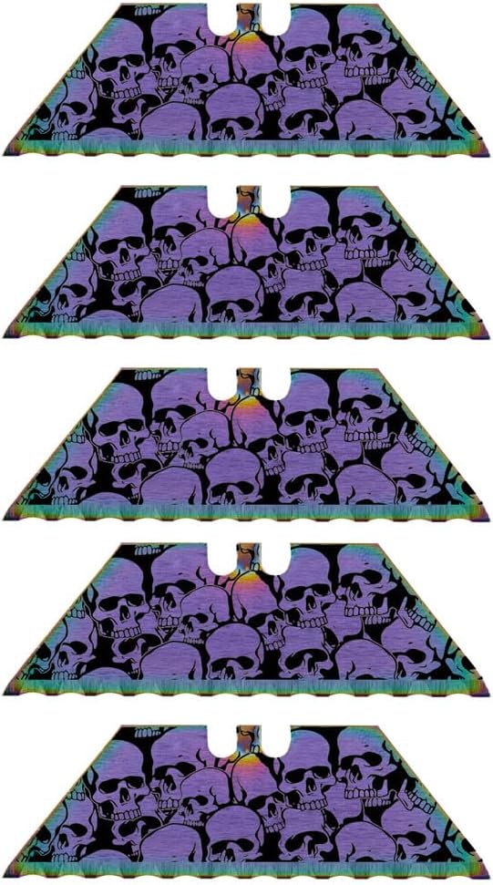 Serrated Steel Blade Replacement for Berkling Utility Knife, Custom Double Sided Laser Engraved Designs, Rainbow - Skull - 5 Pack